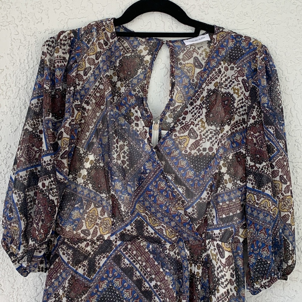 Calvin Klein Faux Wrap Chiffon Printed High low bohemian style dress. - Picture 4 of 13